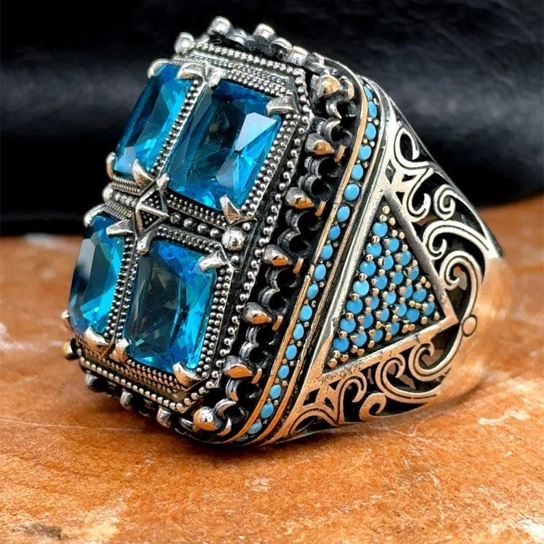 Anillo de plata aguamarina para hombre turco hecho a mano piedras preciosas azules anillo grande llamativo Foto 2 de 4