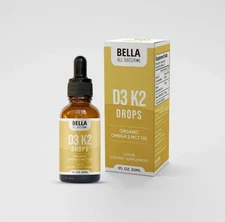 Bella All Natural Vitamin D3 K2 Drops Organic Omega 3 MCT Oil 50ml Supplement