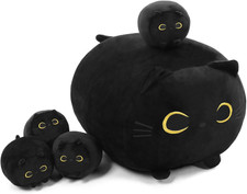 Black Cat Stuffed Animal Mommy Cat Plush Toys with 4 Squishy Baby in Her Tummy S