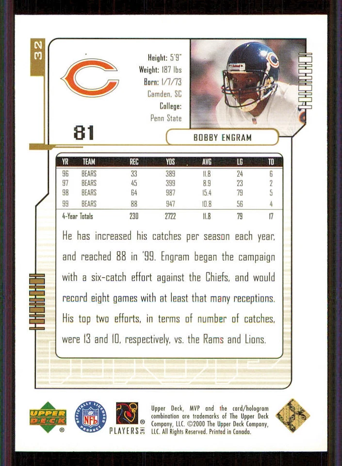 2000 Upper Deck MVP Gold Script #32 Bobby Engram - Image 2 of 2