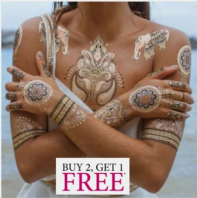 FLASH TATTOOS Lg Sheet Metallic Temporäres Tattoo Henna Body Art Gold Flash Festival Urlaub