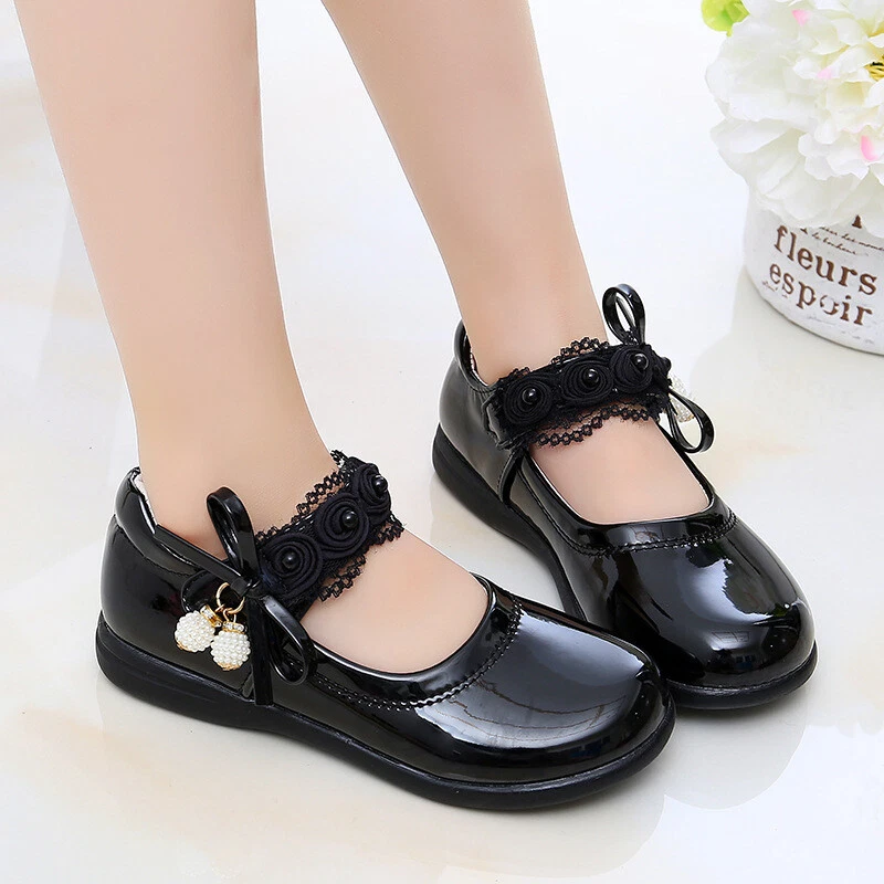 Niñas Niños Boda Mary Jane Fiesta Princesa Antideslizante Cuero Vacaciones Zapatos Negros Foto 3 de 4