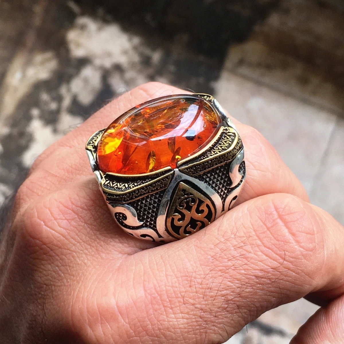 925 Sterling Silver Big Mens Ring Amber Bakelite Unique Handmade Turkish Jewelry