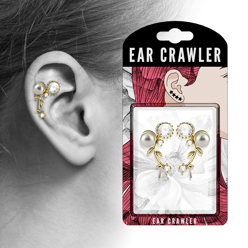 PAIR of CZ & Pearl Set Vines Ear Crawler / Climber 20g Earrings - choose color