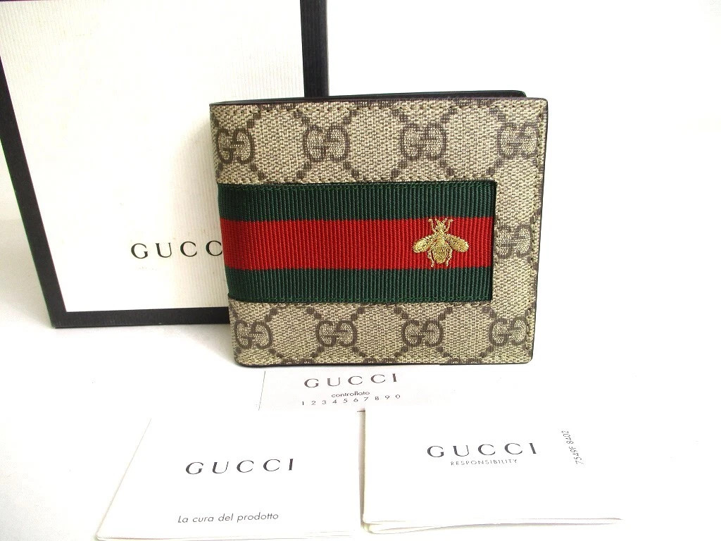 Portefeuille compact authentique GUCCI GG motif d'abeille en cuir suprême portefeuille pliant #a299