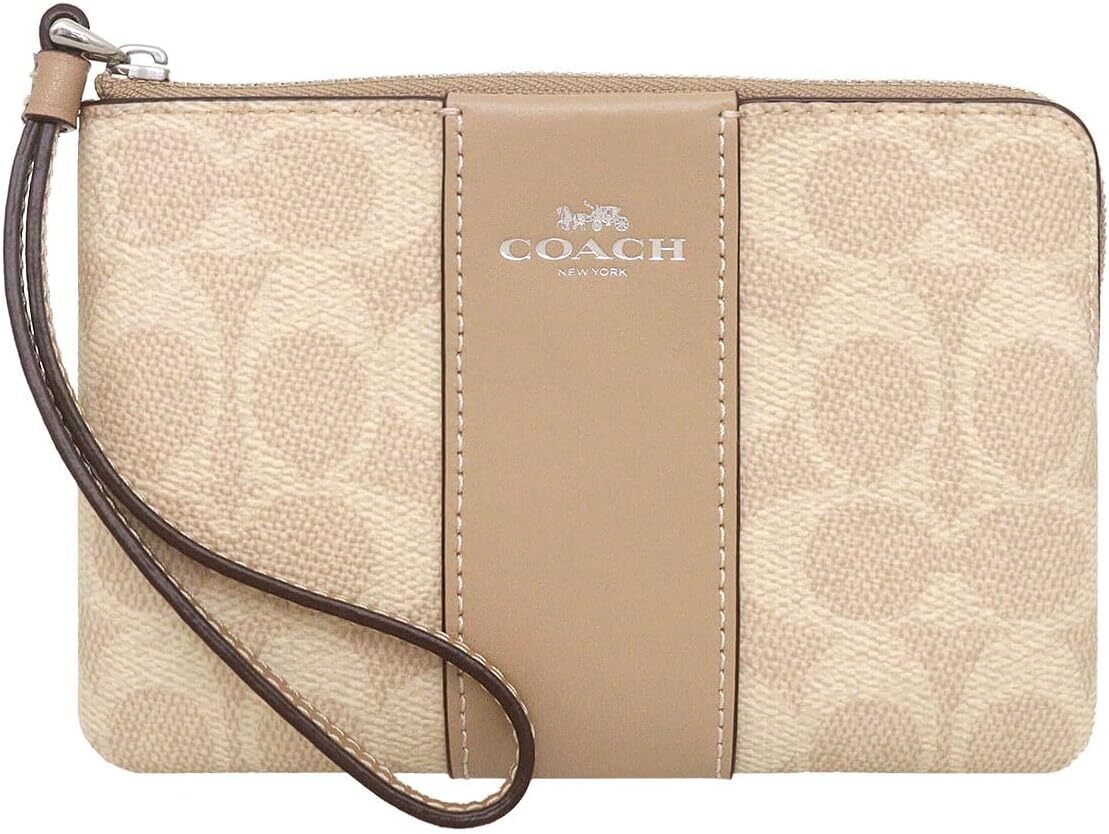【即発】コーチ CRN ZIP SIG LTH STRP CW854 SVPWH Coach] Corner Zip Wristlet Signature Canvas Stripe CW854