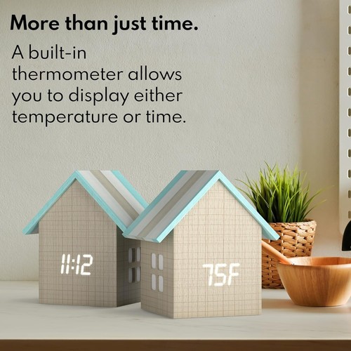 Digital House Shaped Alarm Clock with Temperature Display Stripe Wood – Moder... - Picture 6 of 8