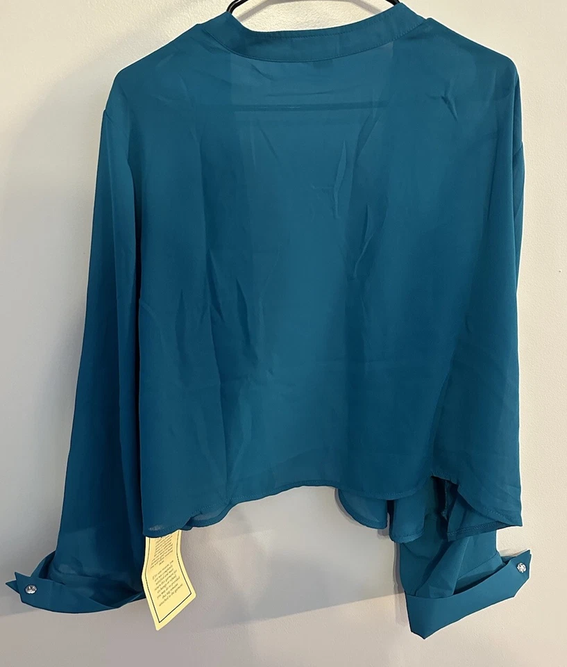 Roamans Teal Blue Open Front Sheer Blouse Plus Size 34W Gem Accent Cuffs NEW - Image 2 of 4
