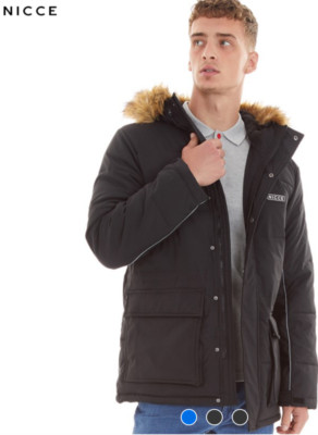 NICCE Herren Radian Jacke schwarz Mantel Parka Fell gefüttert Kapuze UVP 140£