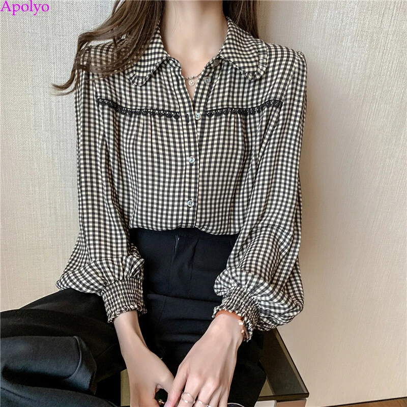 Korean Womens Retro Check Plaid Balloon Sleeve Casual Tops Blouse