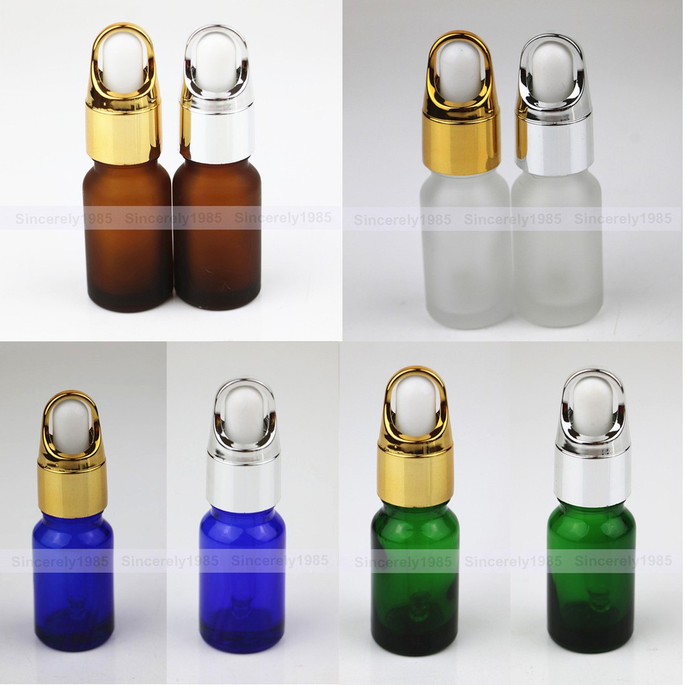 1/3oz 10ml Amber Blue Green Glass Bottles w/GOLD BASKET Eye Dropper More Stable