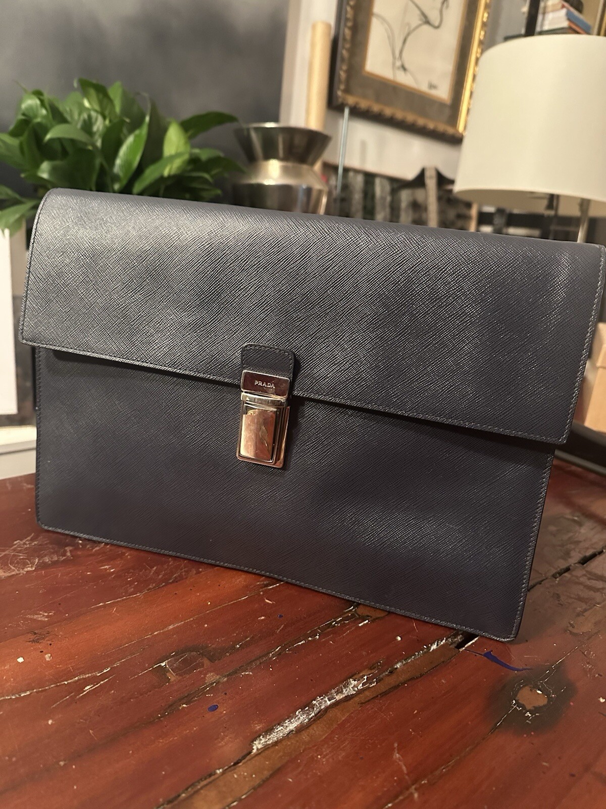 PRADA Saffiano Leather Navy Blue Envelope Bag-image