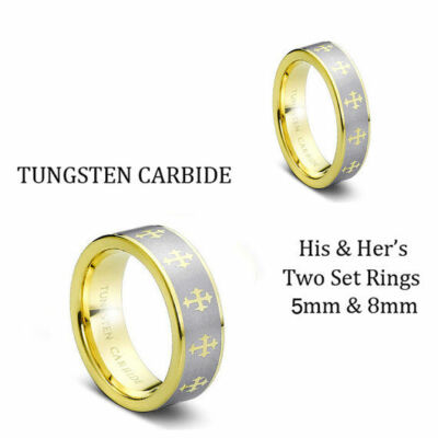 His 8MM'' & ''Her's 6MM'' Crosss Design Tungsten Carbide Wedding Band Ring Set
