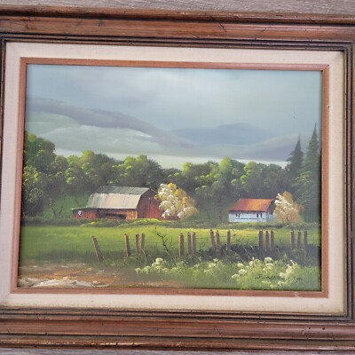Everett Woodson Oil Painting Rural Farm Scene Red Barn on Canvas