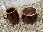 Vintage Hull Oven Proof Pottery Brown Drip Glaze Creamer and Sugar Bowl Set USA