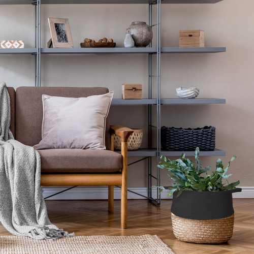 Ceste Portaoggetti Rebecca Mobili Warda 35x35x35 Alga Marina Cotone Marrone Nero - Foto 2 di 3