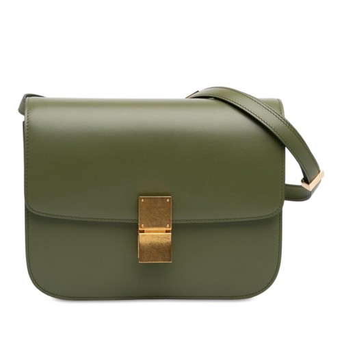 Celine Medium Calfskin Classic Box Pre-Loved Crossbody Bag Olive Green