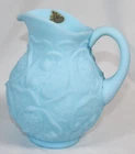 Vtg Fenton Art Glass Pitcher Water Lily Satin Milk Glass Blue Custard 7" Labeled