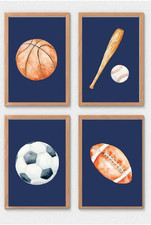 Sports Wall Art Decor Set of 4, Baseball, Basketball, Soccer and Football Prints