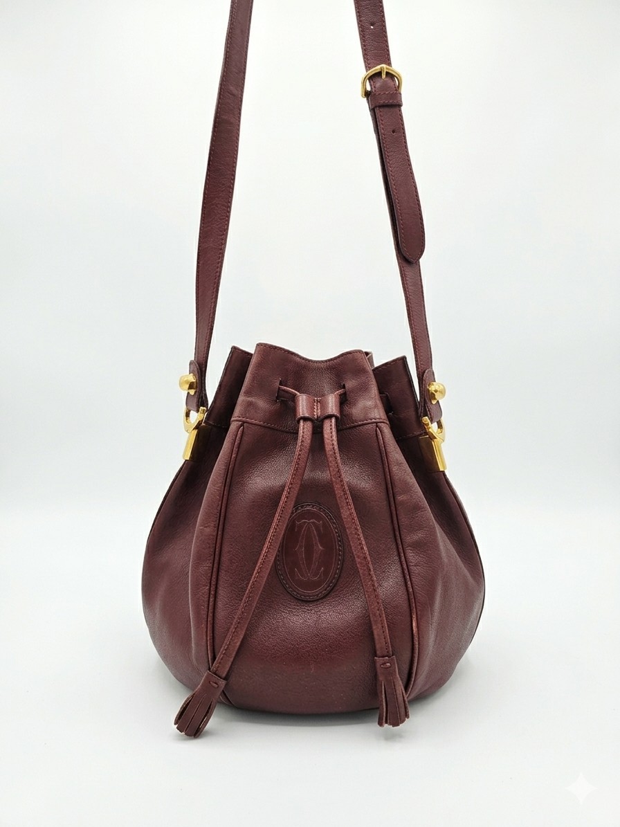 ​VINTAGE Must de Cartier Burgundy Leather Bucket Bag - Rare
