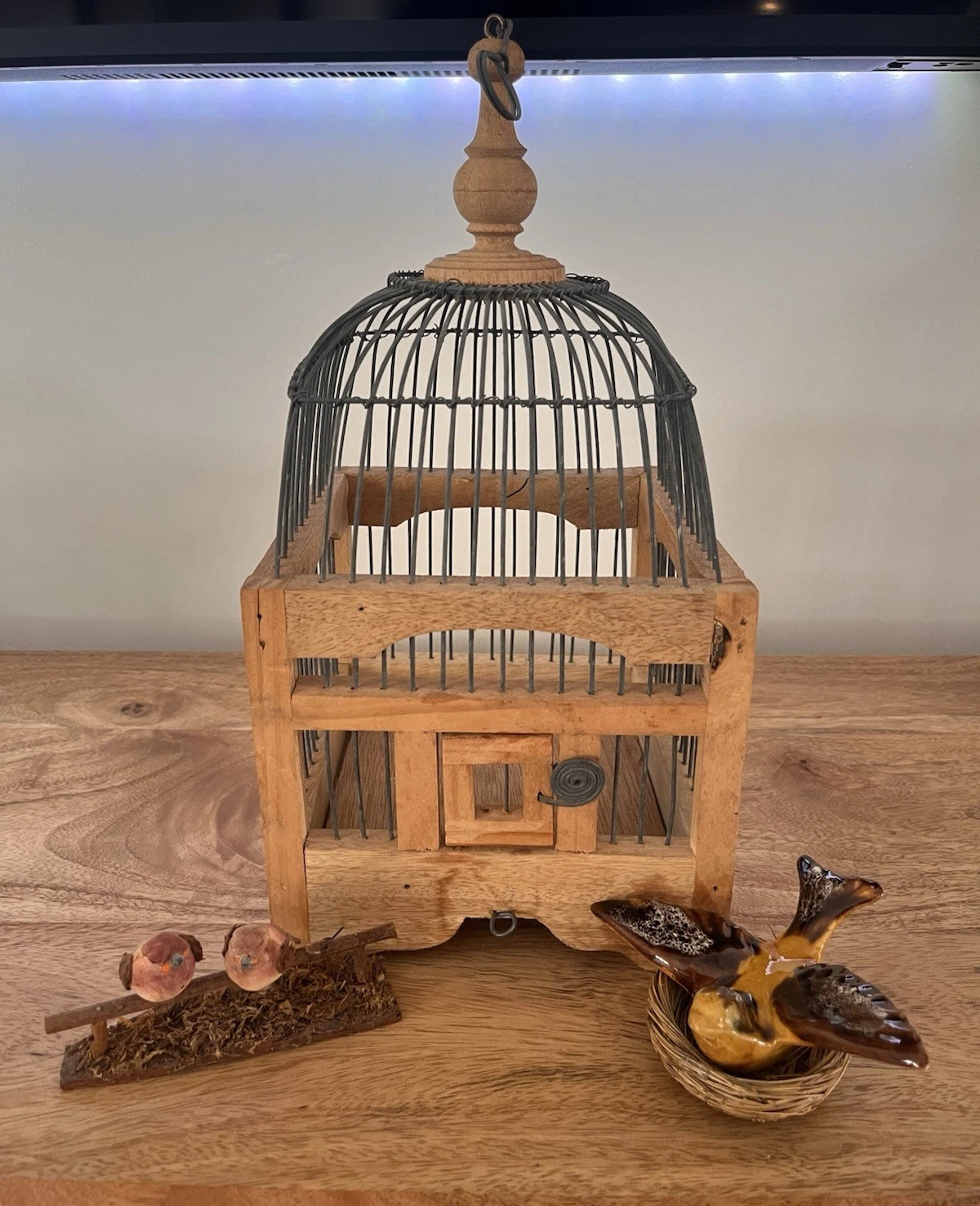 Vintage Wooden Small Hanging Domed Bird Cage Wire Cottage 13"x6 1/2"x6 1/2"