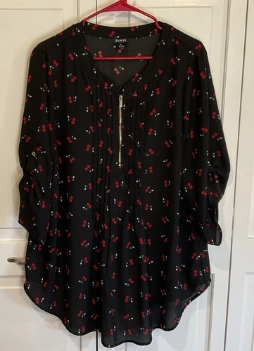 PLUS WOMEN'S EVANS 3/4 ROLL-UP SLEEVE BLACK CHERRY PRINT BLOUSE SIZE 20