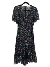 Calvin Klein Dress Womens 2 Floral Ruffle Midi Short Sleeve Tie Waist V Neck