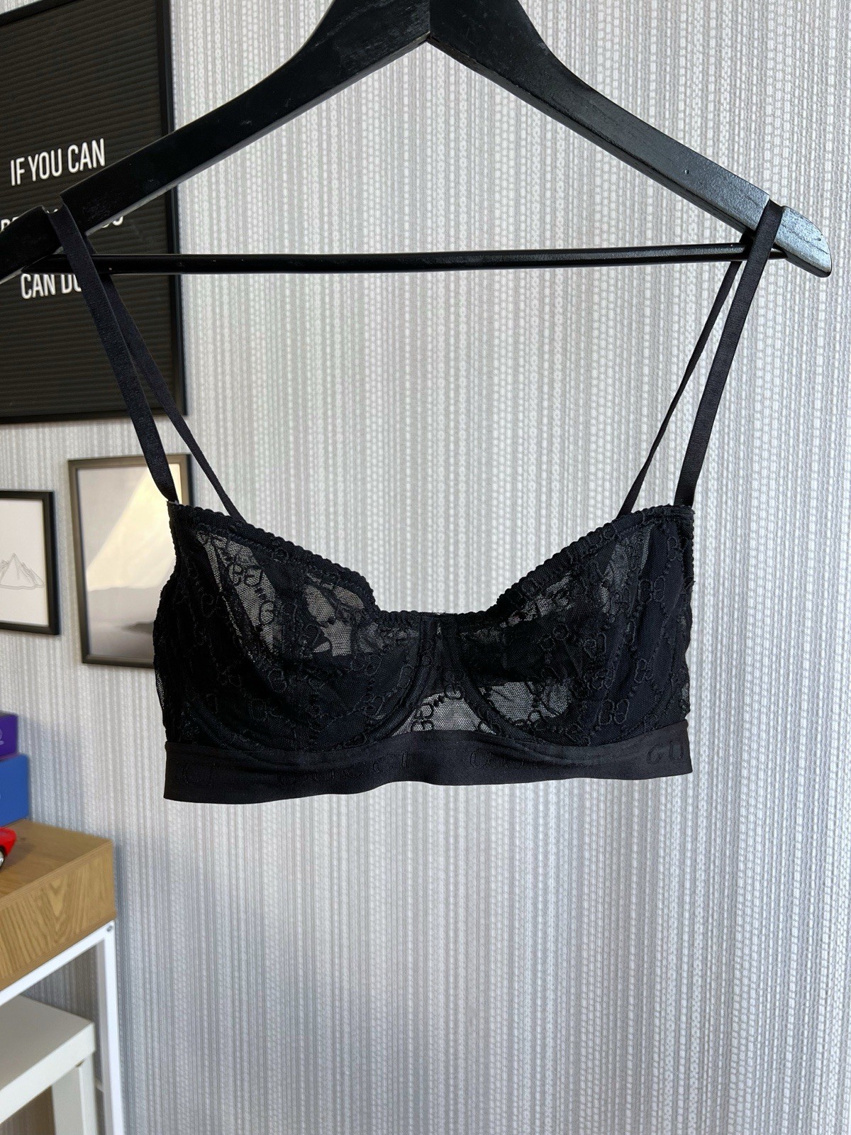 Gucci Black Lace Logo Bra GG Monogram Underwired Bralette Made in Italy 36C