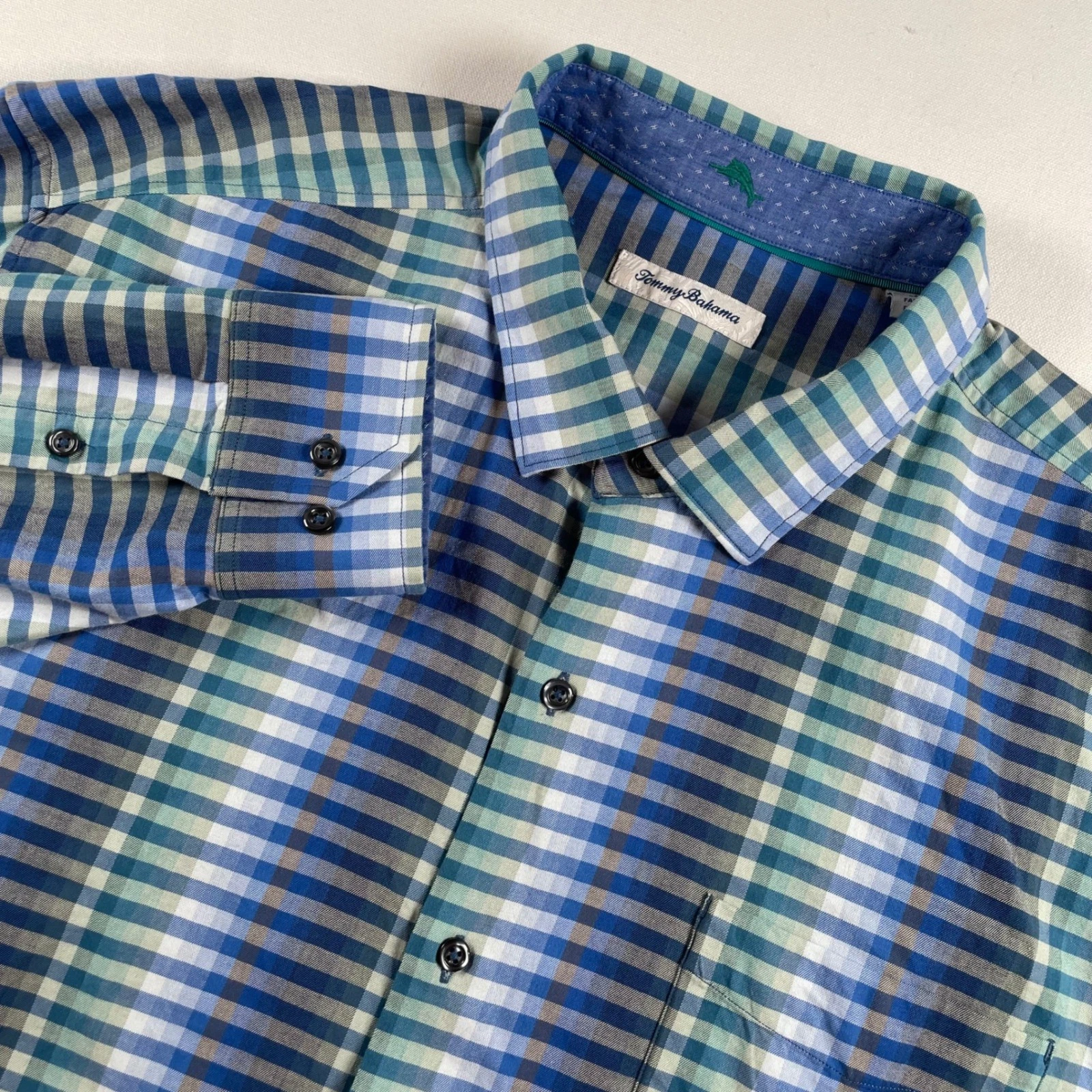 Tommy Bahama XXL Mens Button Down Long Sleeve Shirt Blue Green Plaid Grid Ombre