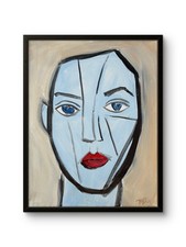 B.Perry Original Acrylic 14x11 Modern Blue Face Portrait Painting Signed Canvas