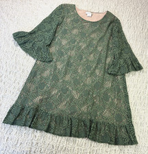 Paisley Vine Lace Overlay Dress XL Green Peasant Sleeve Boho Western Cottagecore