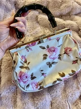 Banana Republic 100% Silk Wood Rose Floral, Pink, Gold Hardware Handle Bag Purse