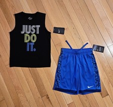 NEW Nike Little Boy Cotton Tank Tee Drawstring Short Set, Black/Blue sz 7