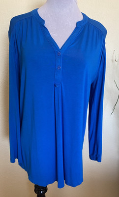 Cable & Gauge Bright Blue Knit Roll Tab Long Sleeve Stretch V-Neck Top Tunic L