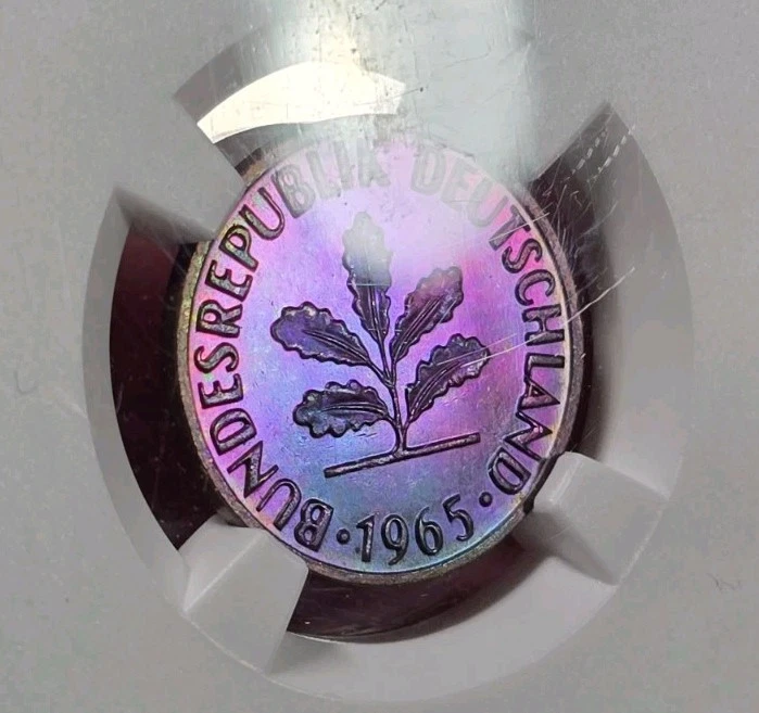 1965 Germany 2P NGC MS65*RB Star Grade Monster Neon Rainbow Toned Vivid Color - Image 3 of 4
