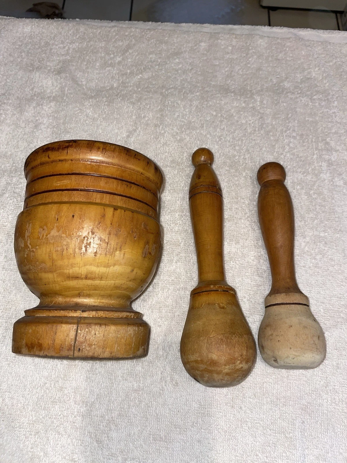 Antique Wooden Mortar And Two Pestle Made In Italy