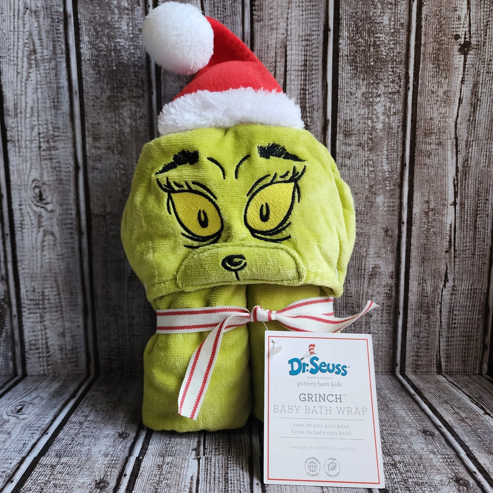 Pottery Barn Kids Dr Seuss The Grinch Green Baby Hooded Towel Baby Bath Wrap NEW