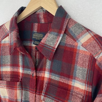 PENDLETON Shirt Womens L Board Virgin Wool Tartan Plaid Flannel Button Up Red