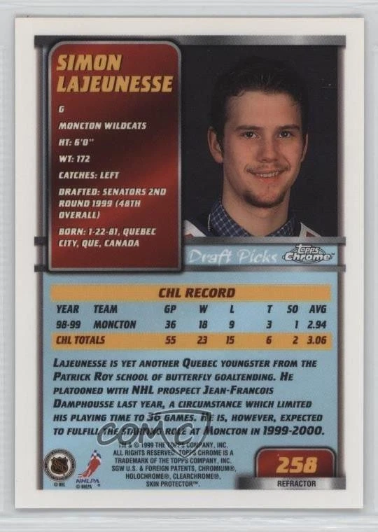 1999-00 Topps Chrome Refractor Simon Lajeunesse #258 Rookie RC - Image 2 of 2