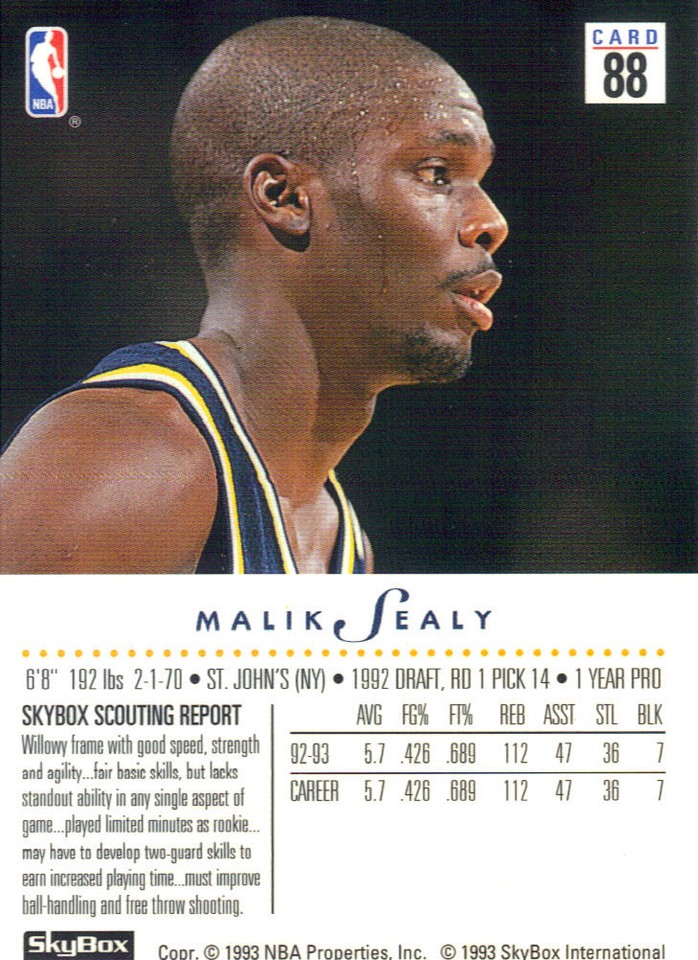 1993 - 94 SkyBox Premium NBA Trading Card - Malik Sealy - Indiana ...