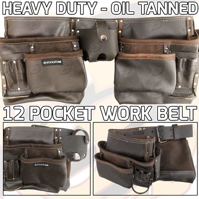 Oil Tanned Leather Work Belt Tool Pouch Builders Nail Bag Work Apron 12 Pocket