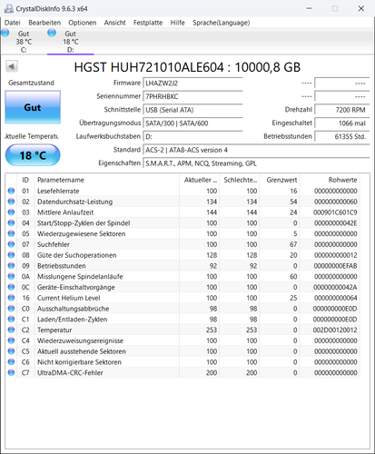 SATA 3 Festplatte HDD 10TB HGST WD HUH721010ALE604 7200RPM 256MB He10