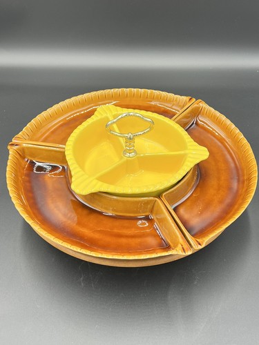LAZY SUSAN DIP & SNACK TRAYS W/ WOODEN TURNTABLE VINTAGE CALIFORNIA POTTERY - Picture 2 of 8