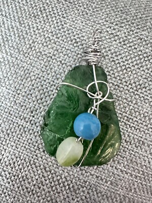 Beach Glass Beaded Pendant Wire Wrapped Brut Artisan Handmade OOAK 4174 B