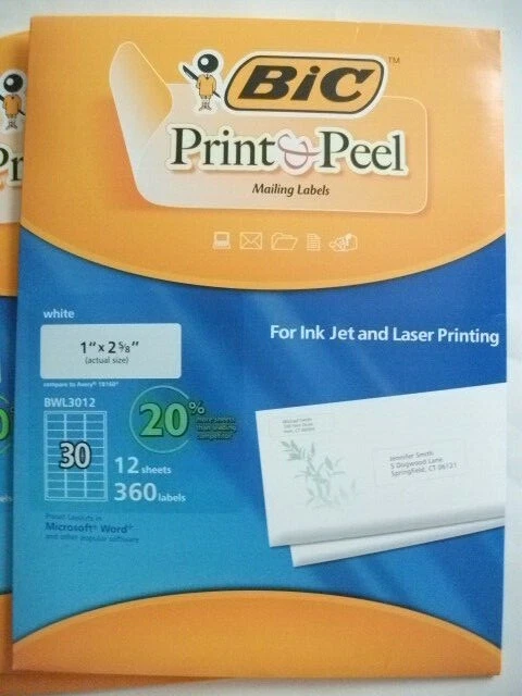 4 Pks BIC Print & Peel Mailing Labels, 1 x 2.625'' 30 Labels per Sheet 12 Sheet - Image 2 of 3