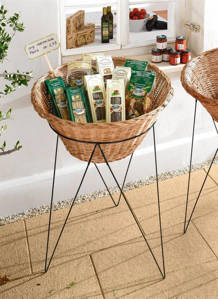 DEKOLEIDENSCHAFT Verkaufs Ständer Weiden Korb Ø 65 cm, Metall Gestell, Waren Wühl Aktions Gitter