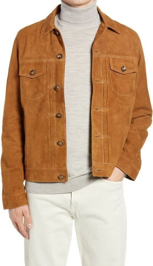 Leather Trucker Jacket for Men Brown Pure Suede Custom Made Size S M L XXL 3XL