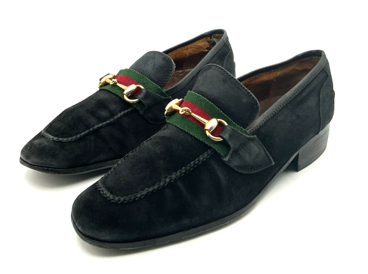 Gucci Jordaan Suede Loafers in Black with Web Green Red Trim Mens Size 7.5-image