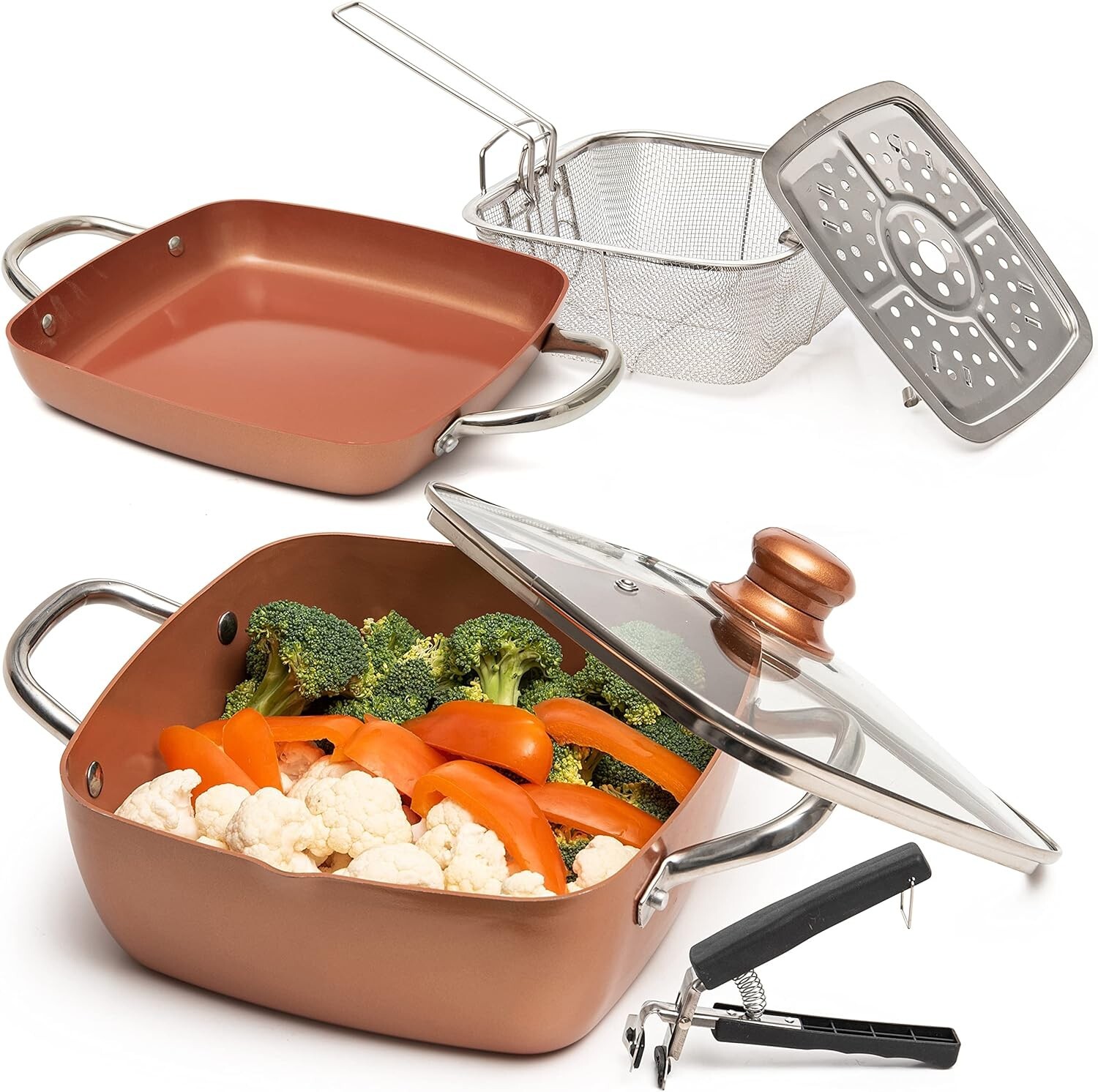 Copper 6 Piece Set Chef Cookware Non Stick Pan Deep Square Pan Fry Basket