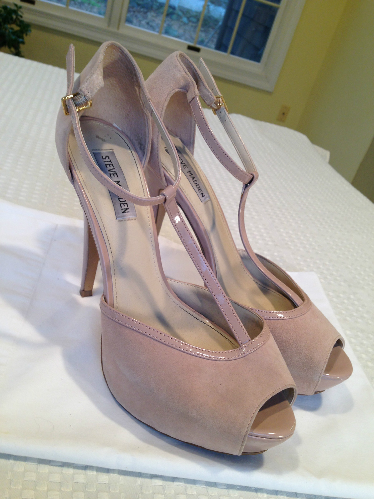 STEVE MADDEN Size 10 Maagie Beige LEATHER/SUEDE PEEP-TOE STRAPPY STILETTO HEELS